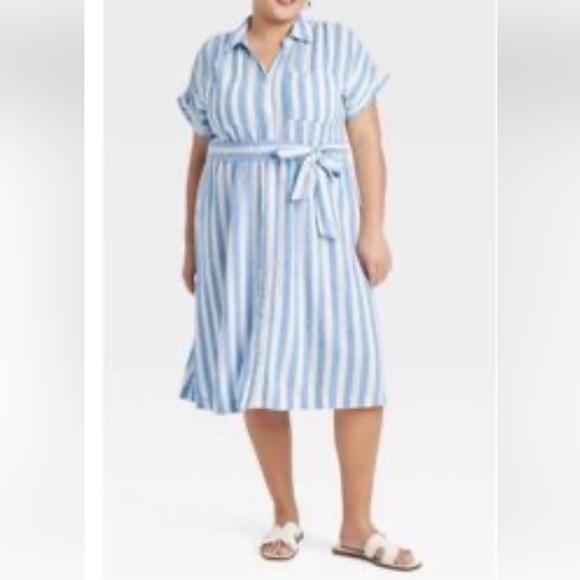 Ava & Viv Blue and White Striped Midi Dress - Picture 1 of 16